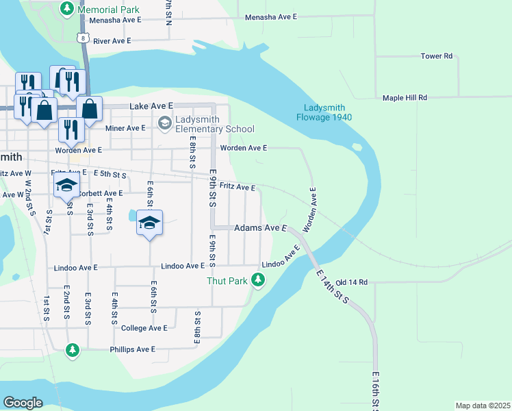 map of restaurants, bars, coffee shops, grocery stores, and more near 406 East 12th Street South in Ladysmith