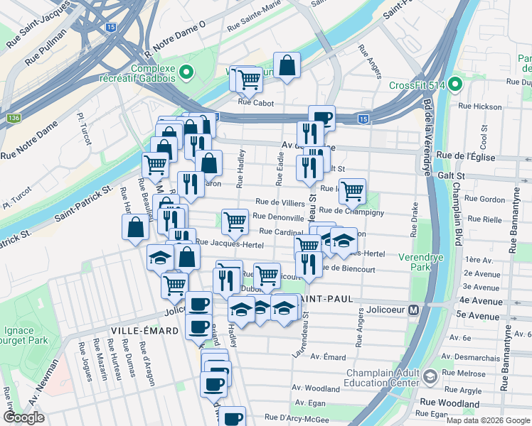 map of restaurants, bars, coffee shops, grocery stores, and more near 1955 Rue Denonville in Montréal