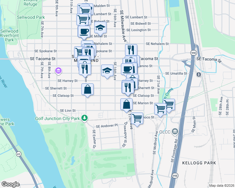 map of restaurants, bars, coffee shops, grocery stores, and more near 8602 Southeast 16th Avenue in Portland