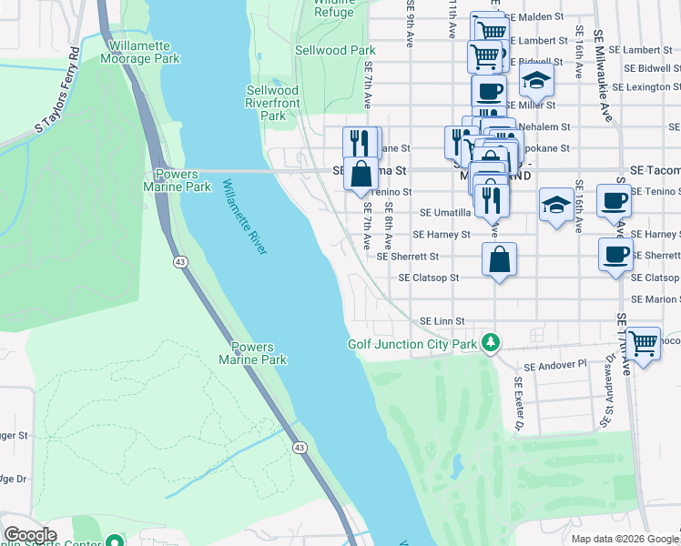 map of restaurants, bars, coffee shops, grocery stores, and more near 513 Southeast Marion Street in Portland