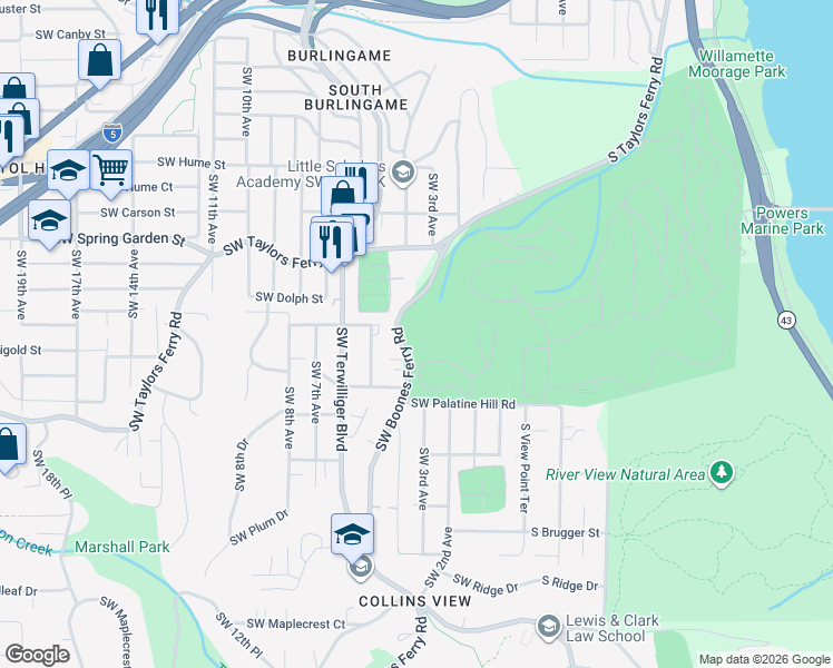 map of restaurants, bars, coffee shops, grocery stores, and more near 8950 Southwest Boones Ferry Road in Portland
