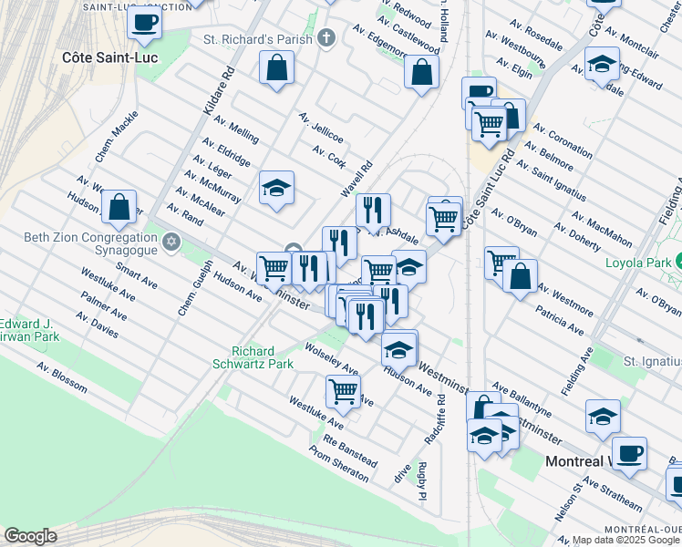 map of restaurants, bars, coffee shops, grocery stores, and more near 7925 Kingsley Road in Côte Saint-Luc