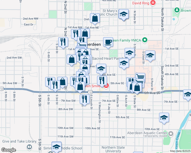 map of restaurants, bars, coffee shops, grocery stores, and more near 102 4th Avenue Southeast in Aberdeen