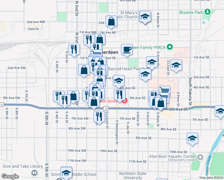 map of restaurants, bars, coffee shops, grocery stores, and more near 102 4th Avenue Southeast in Aberdeen