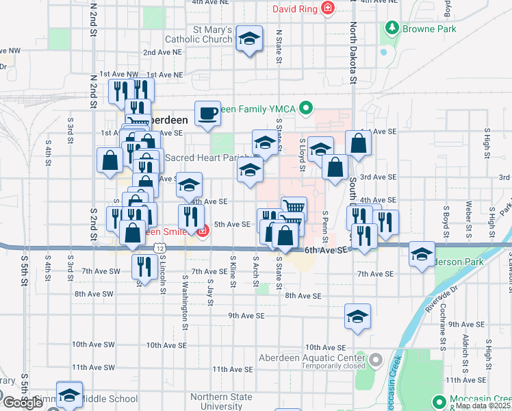 map of restaurants, bars, coffee shops, grocery stores, and more near 418 South Arch Street in Aberdeen
