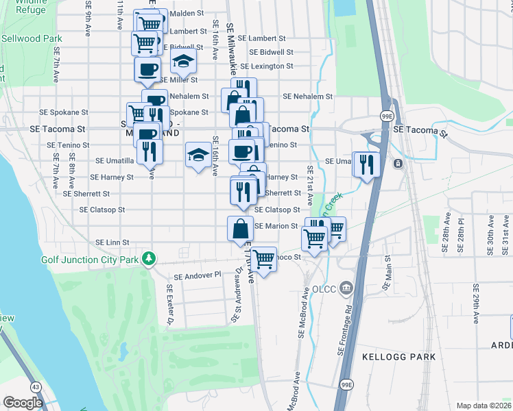map of restaurants, bars, coffee shops, grocery stores, and more near 1731 Southeast Clatsop Street in Portland