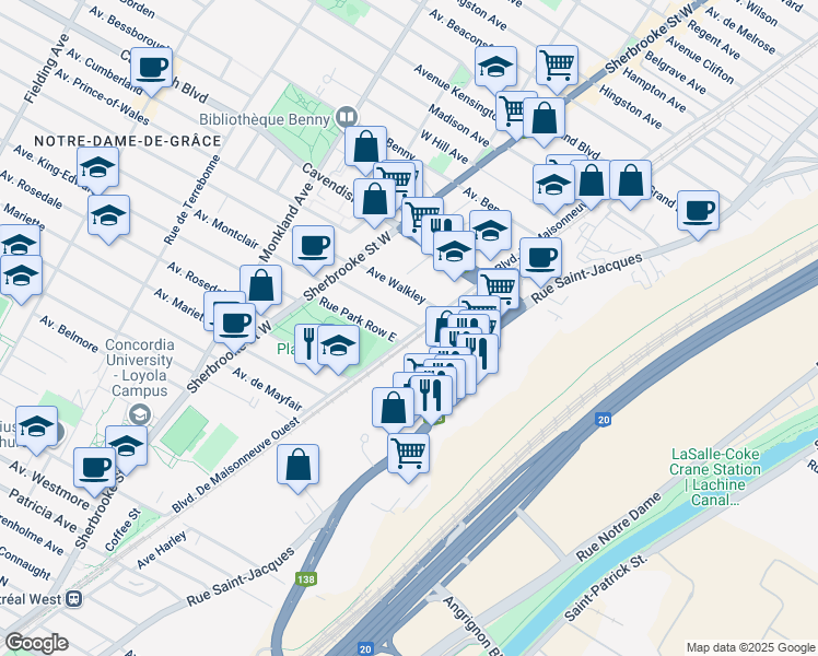 map of restaurants, bars, coffee shops, grocery stores, and more near 2404 Avenue Montclair in Montréal