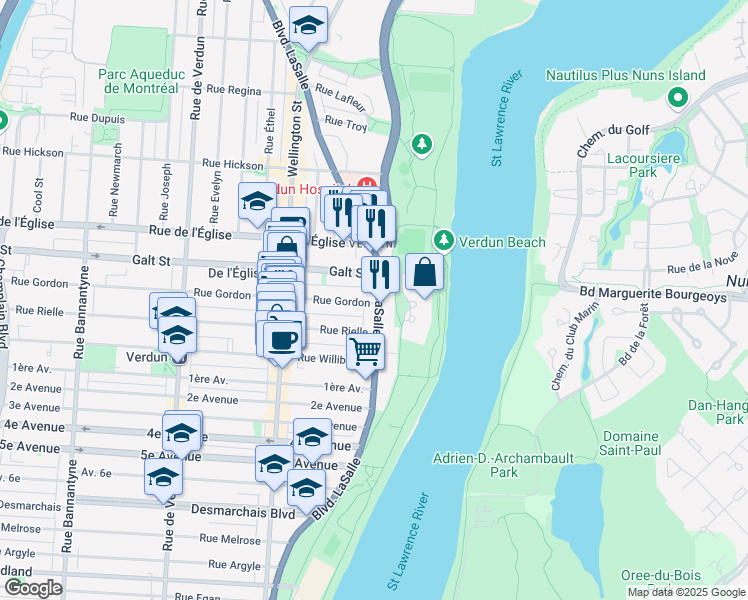 map of restaurants, bars, coffee shops, grocery stores, and more near 4285 Boulevard LaSalle in Montréal