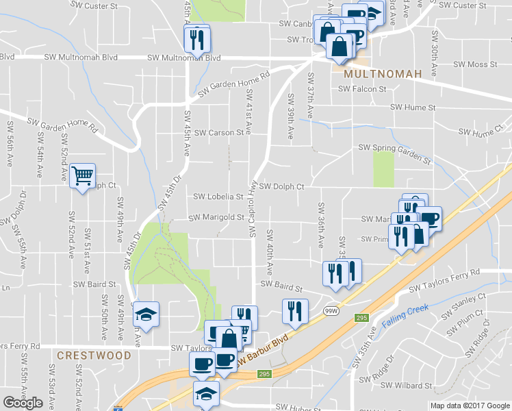 map of restaurants, bars, coffee shops, grocery stores, and more near 8922 Southwest Capitol Highway in Portland