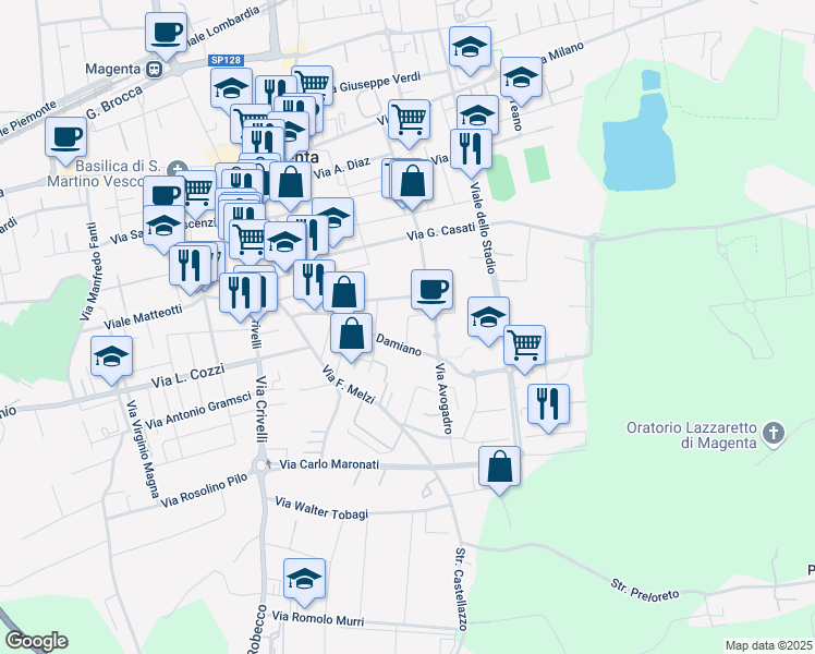 map of restaurants, bars, coffee shops, grocery stores, and more near Via Tiziano Vecellio in Magenta