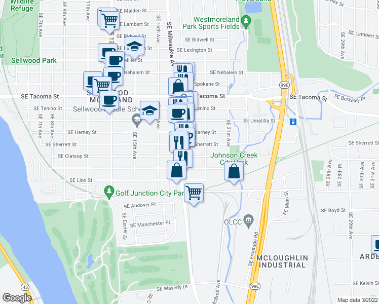 map of restaurants, bars, coffee shops, grocery stores, and more near 1742 Southeast Clatsop Street in Portland