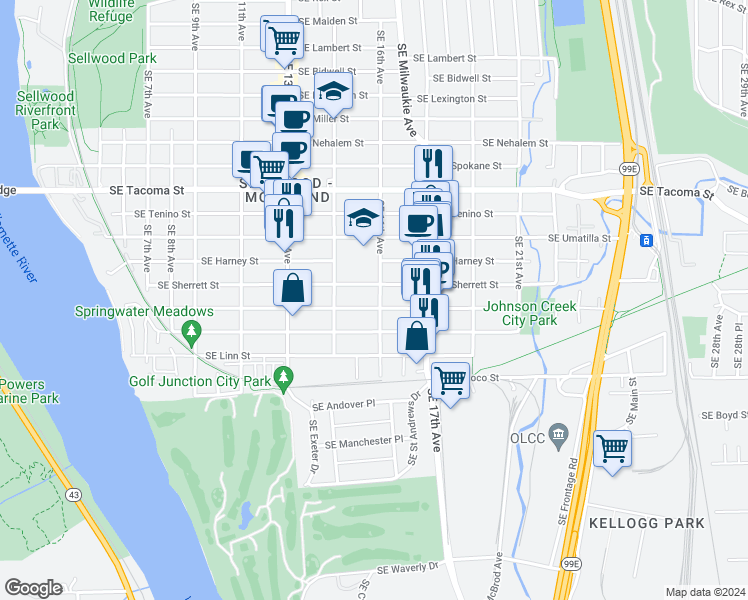 map of restaurants, bars, coffee shops, grocery stores, and more near 8602 Southeast 16th Avenue in Portland