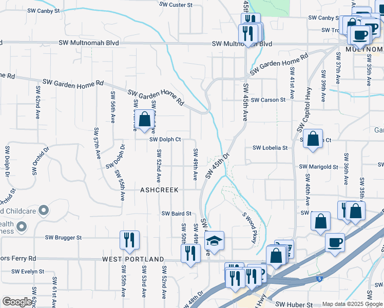 map of restaurants, bars, coffee shops, grocery stores, and more near 4825 Southwest Marigold Street in Portland