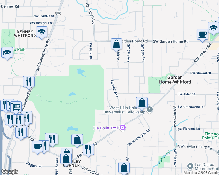map of restaurants, bars, coffee shops, grocery stores, and more near 8265 Southwest Carmel Court in Portland