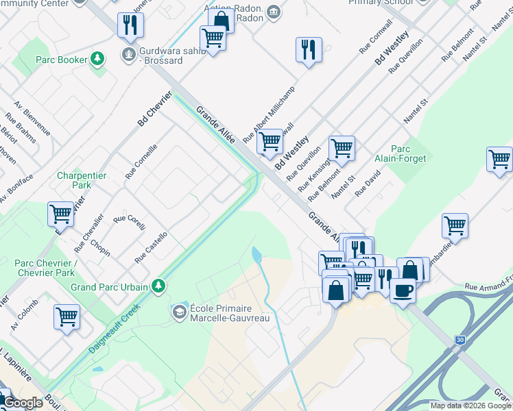 map of restaurants, bars, coffee shops, grocery stores, and more near 7025 Rue du Chardonneret in Brossard