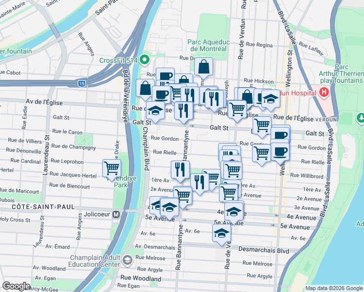 map of restaurants, bars, coffee shops, grocery stores, and more near 4359 Avenue Bannantyne in Montréal