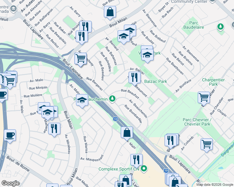 map of restaurants, bars, coffee shops, grocery stores, and more near 3585 Rue Beaufort in Brossard