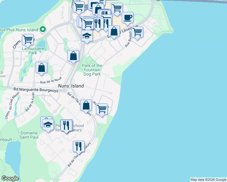 map of restaurants, bars, coffee shops, grocery stores, and more near 150 Rue Berlioz in Montréal