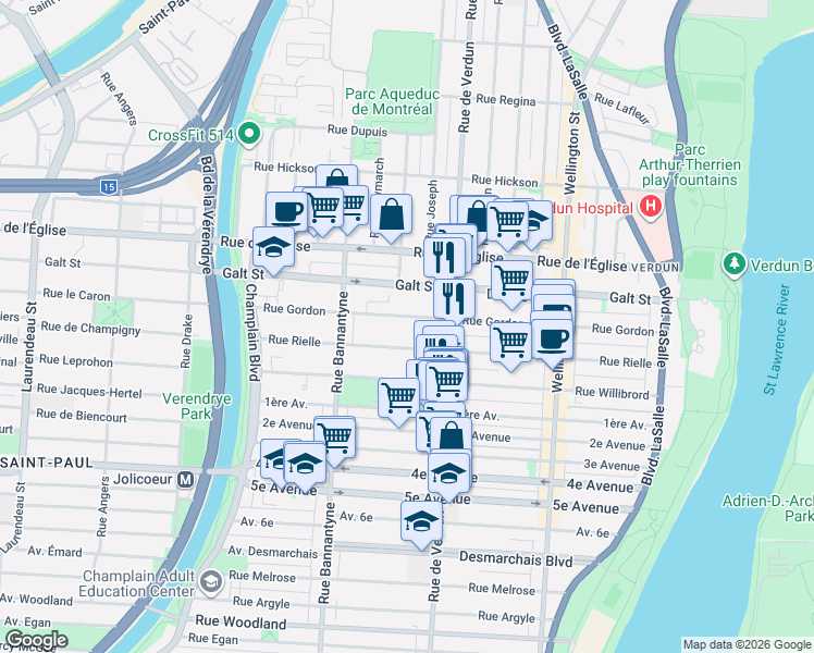 map of restaurants, bars, coffee shops, grocery stores, and more near 700 Rue Gordon in Montréal