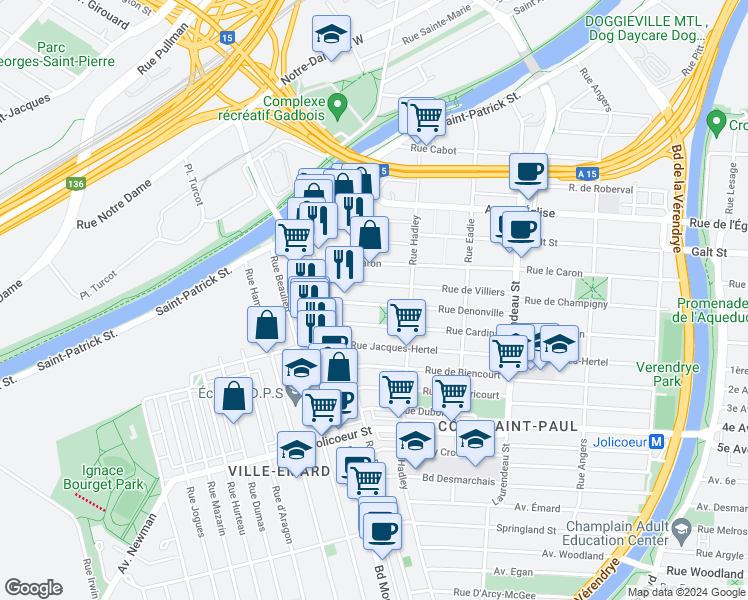 map of restaurants, bars, coffee shops, grocery stores, and more near 2189 Rue Denonville in Montréal