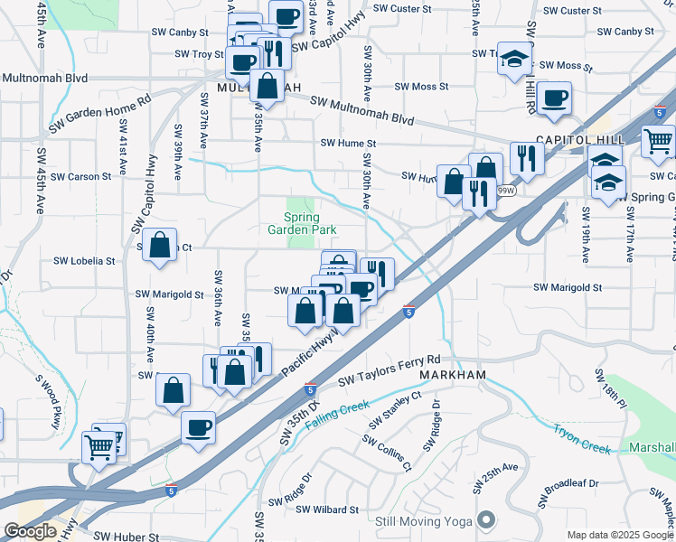 map of restaurants, bars, coffee shops, grocery stores, and more near 3131 Southwest Marigold Street in Portland