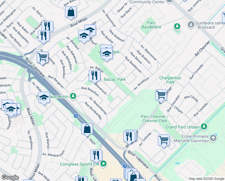 map of restaurants, bars, coffee shops, grocery stores, and more near 3920 Rue Beaumont in Brossard