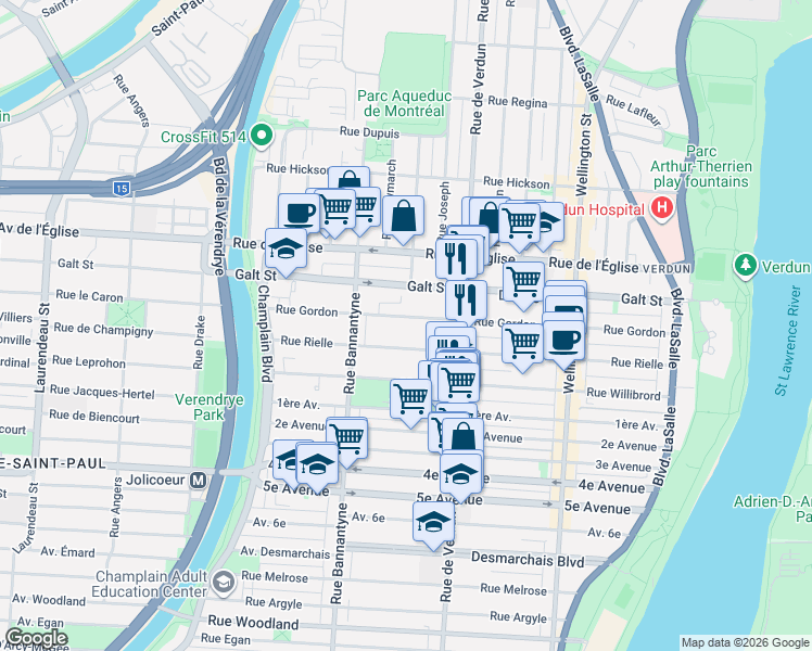 map of restaurants, bars, coffee shops, grocery stores, and more near 780 Rue Gordon in Montréal