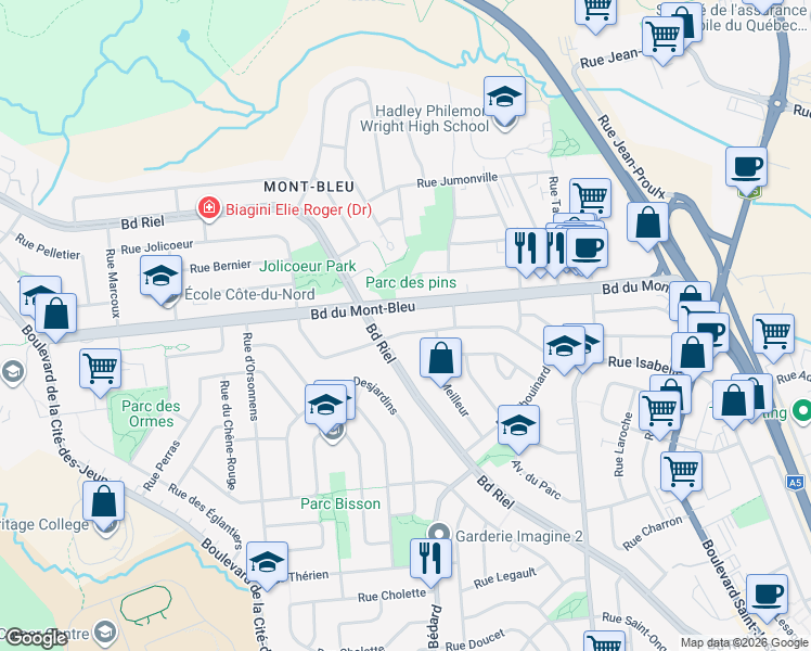 map of restaurants, bars, coffee shops, grocery stores, and more near 60 Rue Jolicoeur in Gatineau