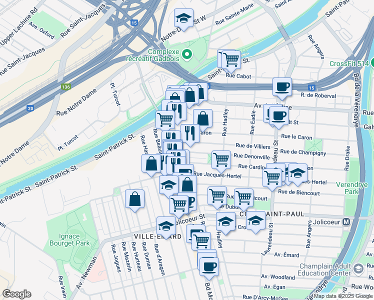 map of restaurants, bars, coffee shops, grocery stores, and more near 2287 Rue Denonville in Montréal