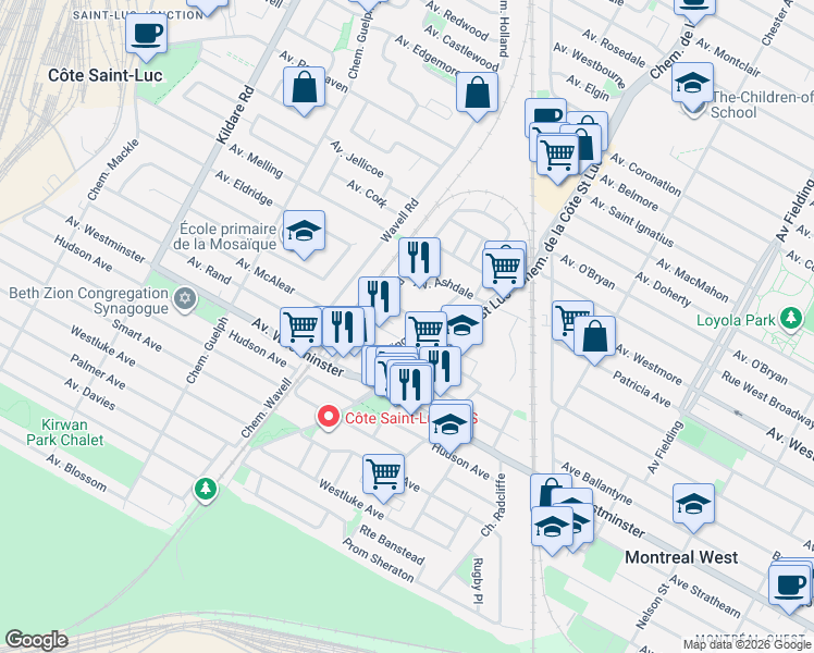 map of restaurants, bars, coffee shops, grocery stores, and more near 7461 Chemin Kingsley in Côte Saint-Luc