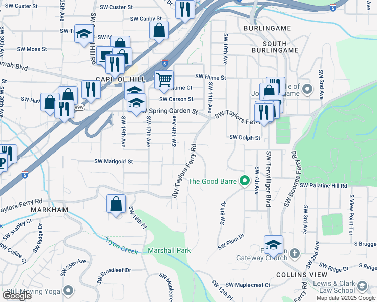 map of restaurants, bars, coffee shops, grocery stores, and more near 8941 Southwest 13th Avenue in Portland