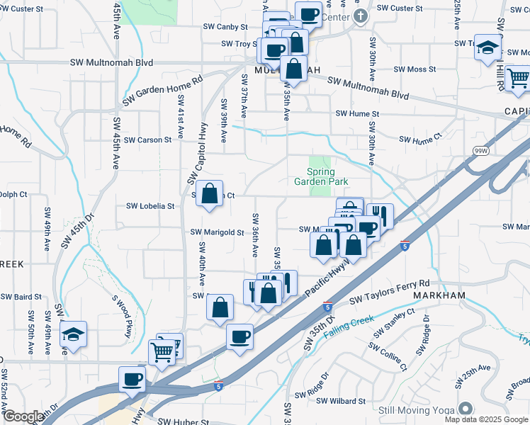 map of restaurants, bars, coffee shops, grocery stores, and more near 8921 Southwest 35th Avenue in Portland