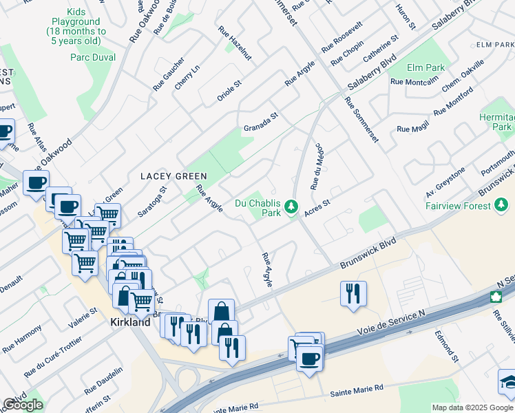 map of restaurants, bars, coffee shops, grocery stores, and more near 1 Rue du Cabernet in Kirkland