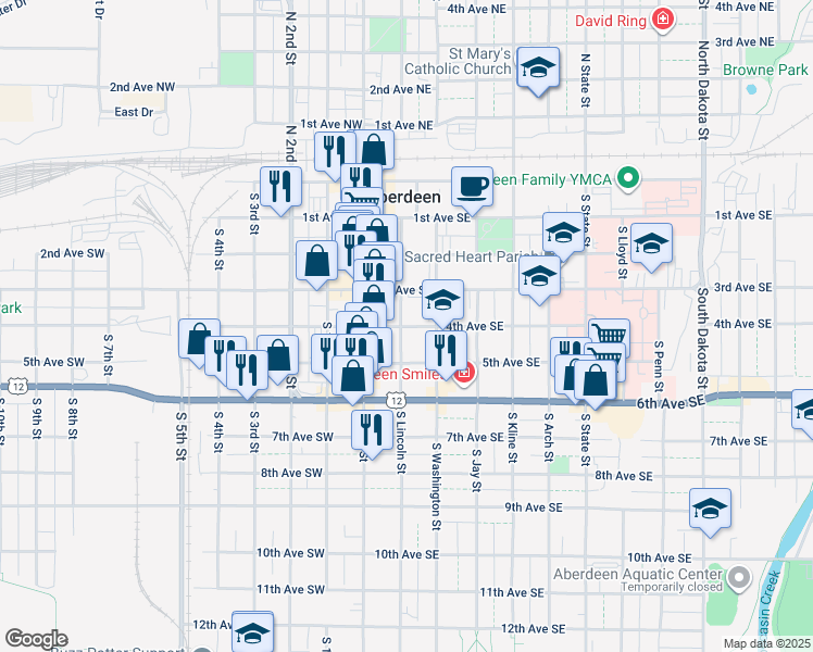 map of restaurants, bars, coffee shops, grocery stores, and more near 115 4th Avenue Southeast in Aberdeen