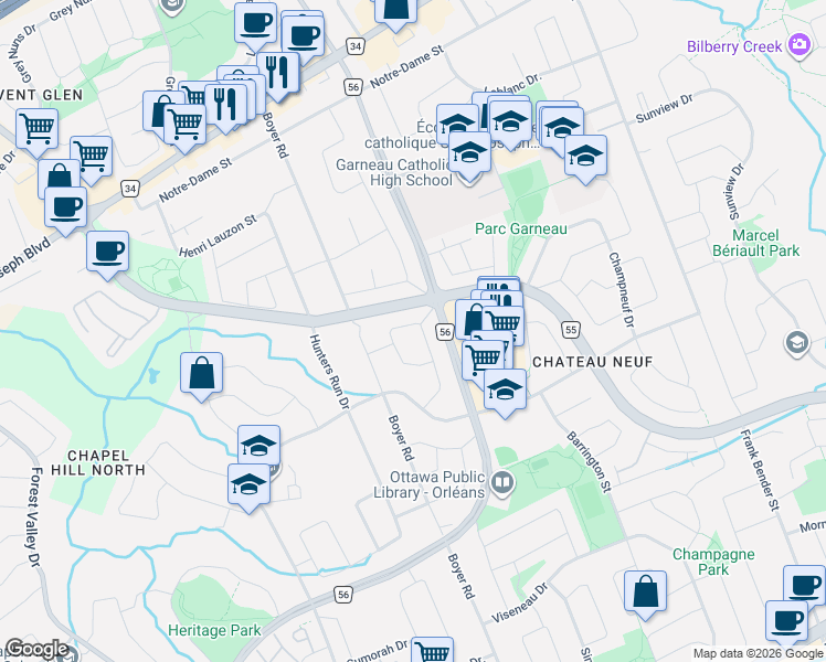 map of restaurants, bars, coffee shops, grocery stores, and more near 1476 Kamouraska Circle in Ottawa