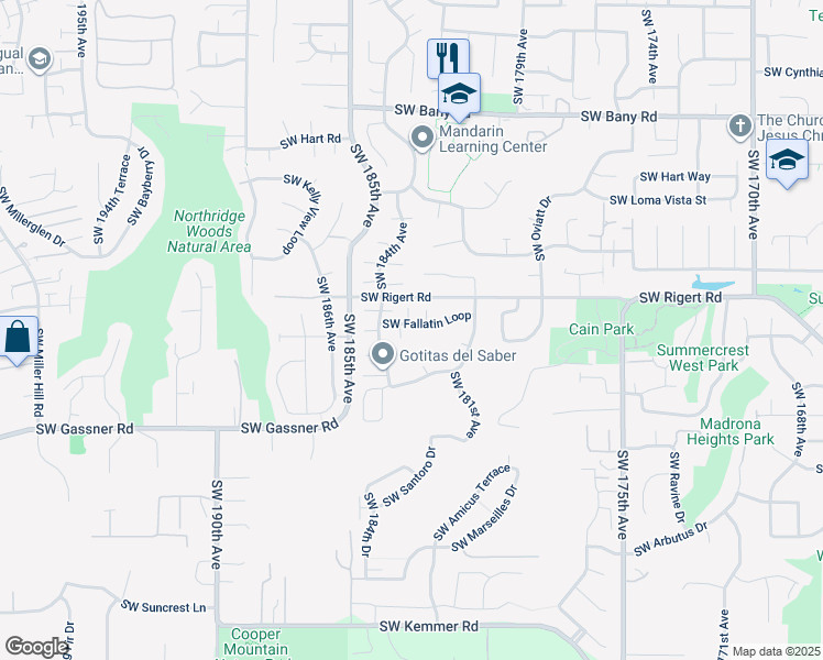 map of restaurants, bars, coffee shops, grocery stores, and more near 8235 Southwest 182nd Place in Beaverton