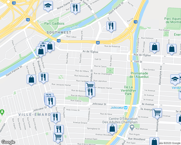 map of restaurants, bars, coffee shops, grocery stores, and more near 5705 Rue Laurendeau in Montréal