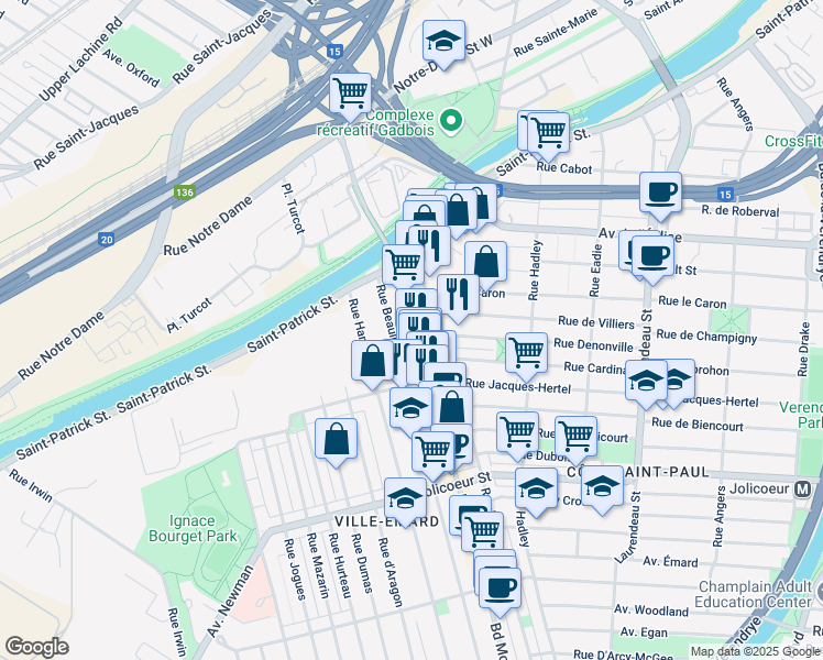 map of restaurants, bars, coffee shops, grocery stores, and more near 5727 Boulevard Monk in Montréal