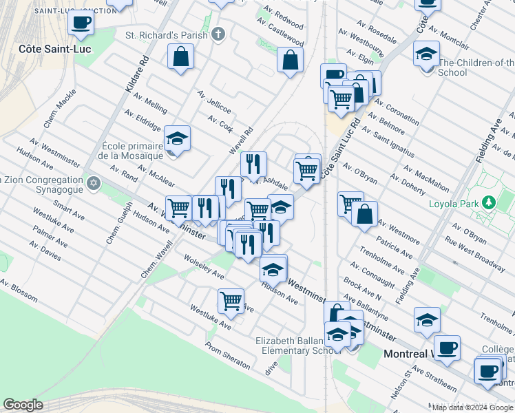 map of restaurants, bars, coffee shops, grocery stores, and more near Kingsley Rd & Trent Ave in Côte Saint-Luc