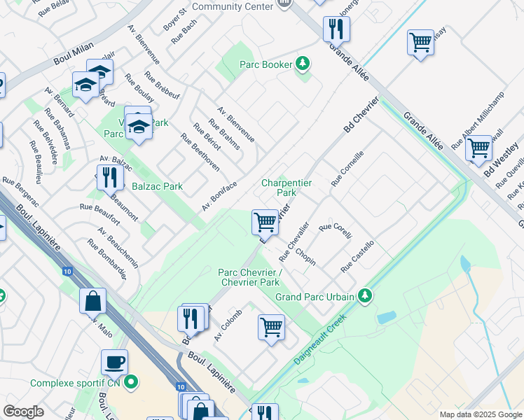 map of restaurants, bars, coffee shops, grocery stores, and more near 6250 Boulevard Chevrier in Brossard