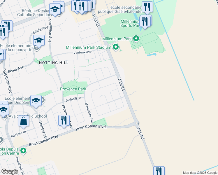 map of restaurants, bars, coffee shops, grocery stores, and more near 713 Pensacola Court in Ottawa
