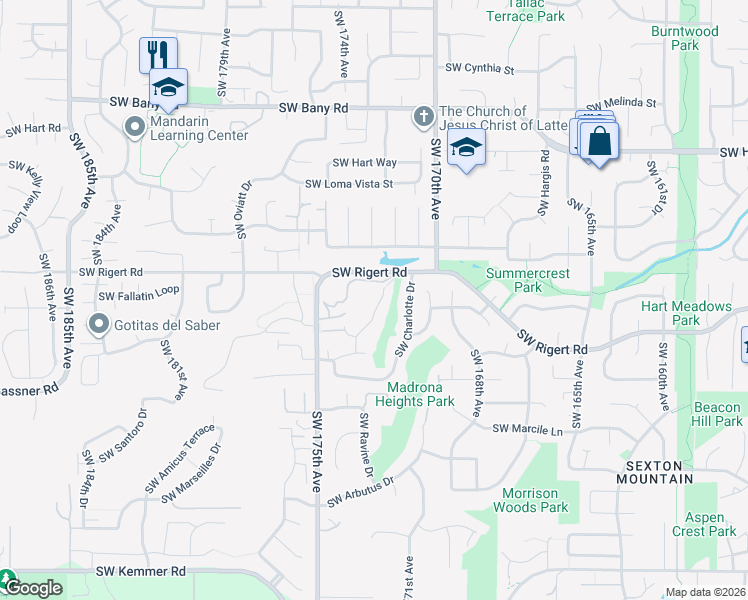 map of restaurants, bars, coffee shops, grocery stores, and more near 8224 Southwest 174th Terrace in Beaverton