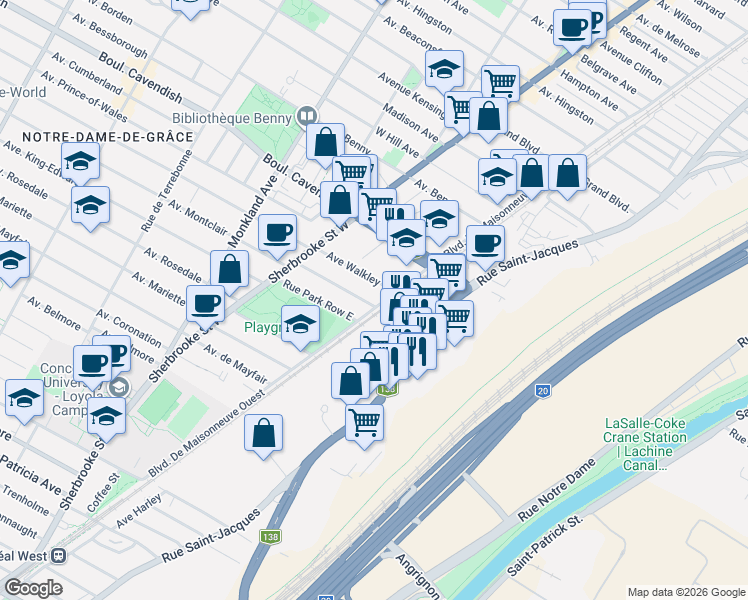 map of restaurants, bars, coffee shops, grocery stores, and more near 2335 Avenue Montclair in Montréal