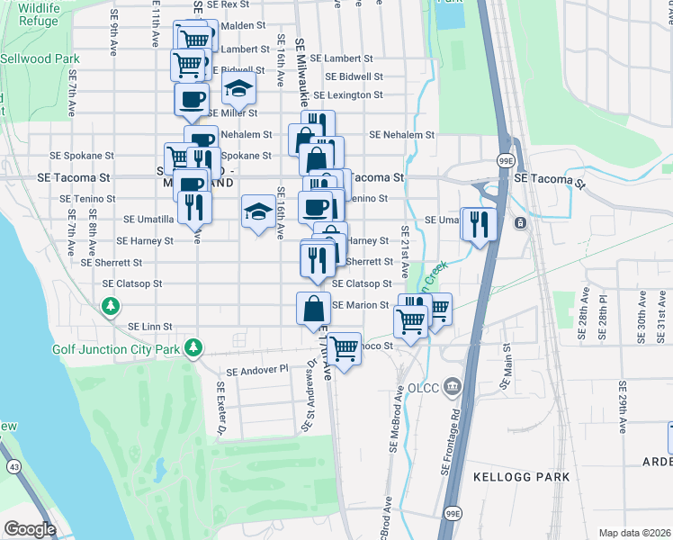 map of restaurants, bars, coffee shops, grocery stores, and more near 1742 Southeast Clatsop Street in Portland