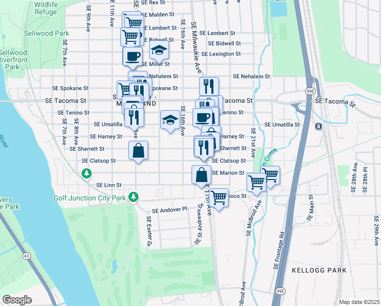 map of restaurants, bars, coffee shops, grocery stores, and more near 8602 Southeast 16th Avenue in Portland