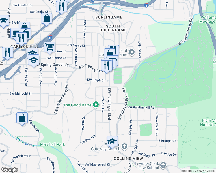 map of restaurants, bars, coffee shops, grocery stores, and more near 8937 Southwest Terwilliger Boulevard in Portland