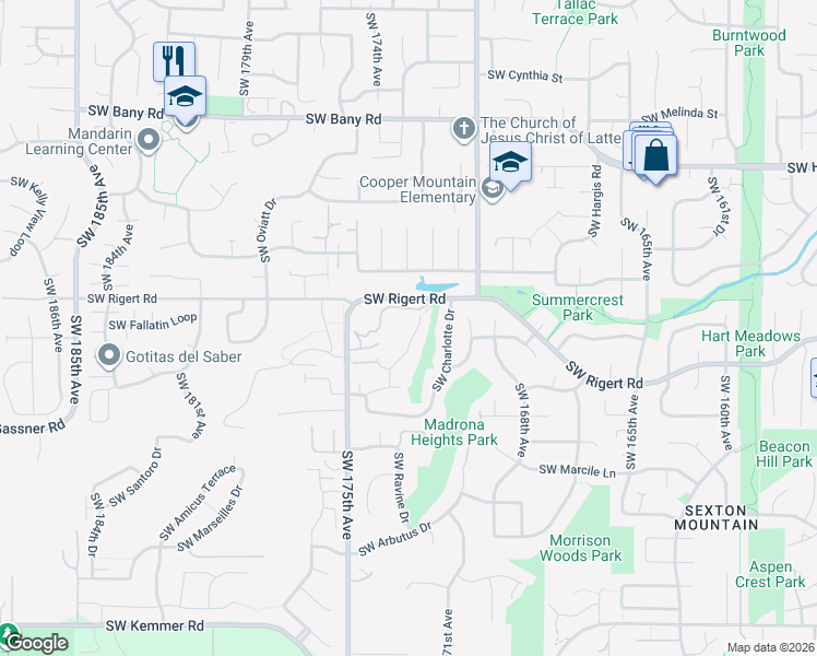 map of restaurants, bars, coffee shops, grocery stores, and more near 8224 Southwest 174th Terrace in Beaverton