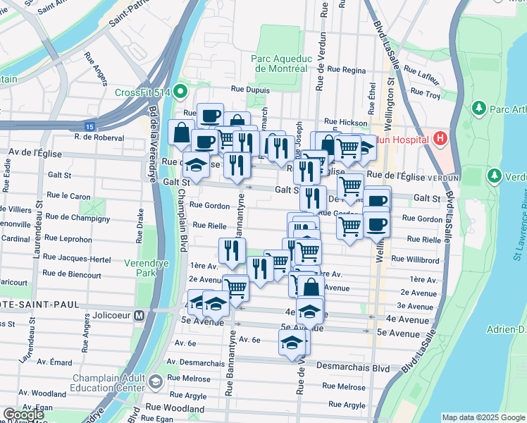 map of restaurants, bars, coffee shops, grocery stores, and more near 800 Rue Gordon in Montreal