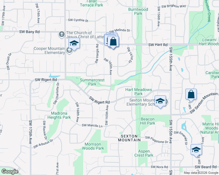 map of restaurants, bars, coffee shops, grocery stores, and more near 8115 Southwest 165th Avenue in Beaverton