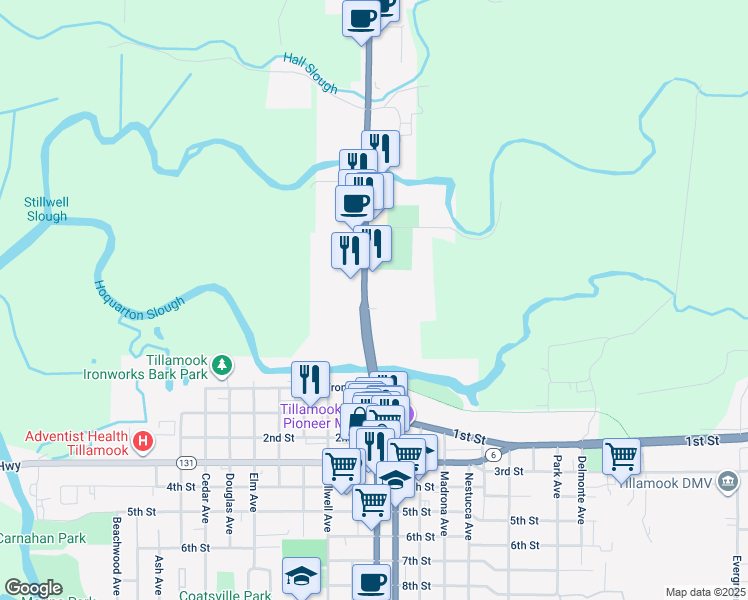 map of restaurants, bars, coffee shops, grocery stores, and more near 401 North Main Street in Tillamook